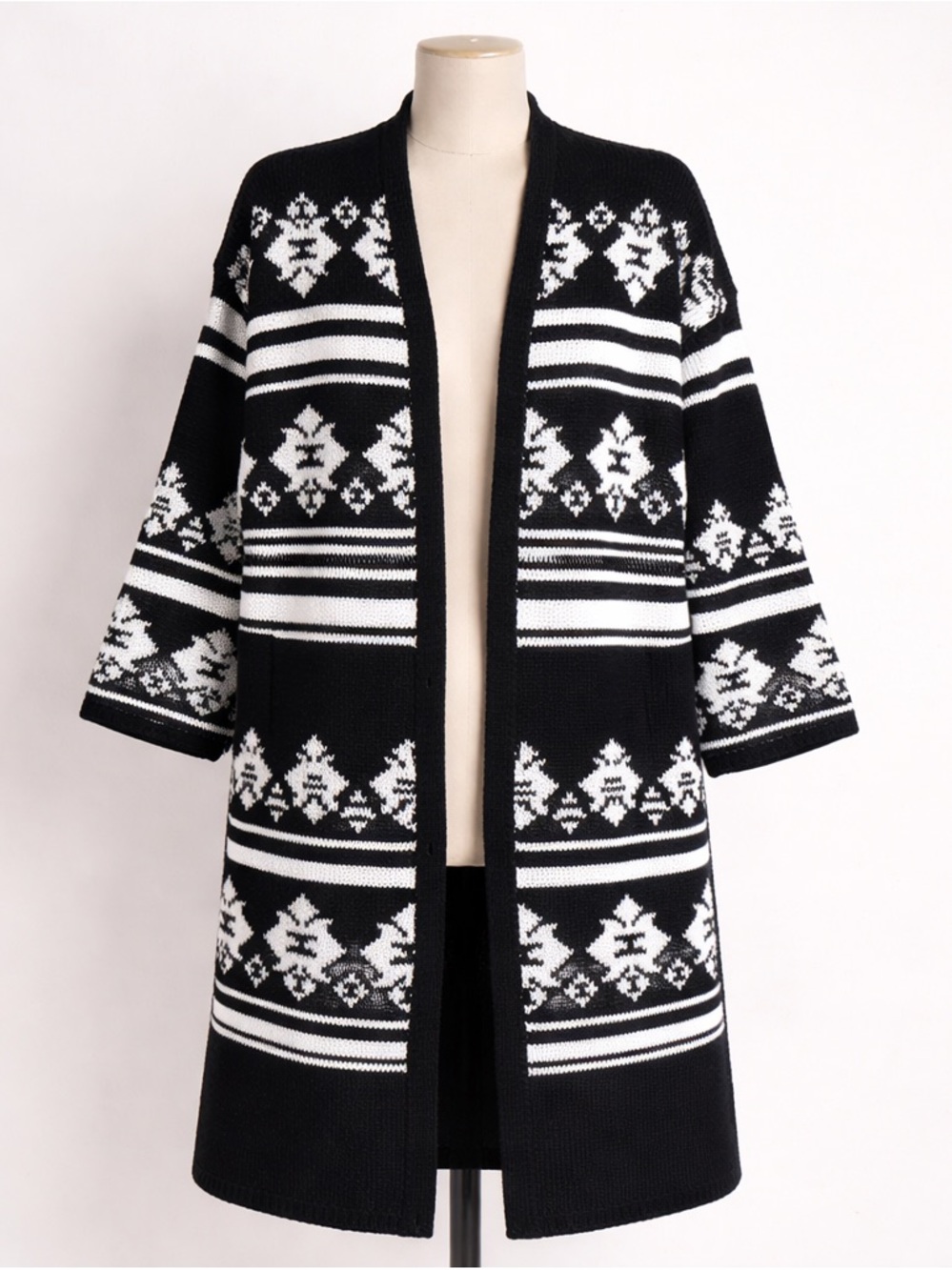 Aztec Cardigan Women Small Sweater Black Fair Isle pockets‎ Southwestern Duster